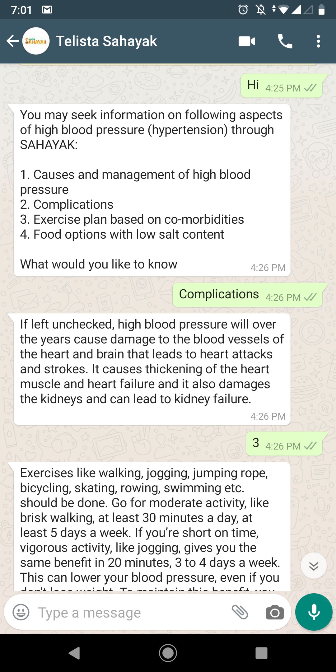 Telista Sahayak WhatsApp patient-awareness conversation screens