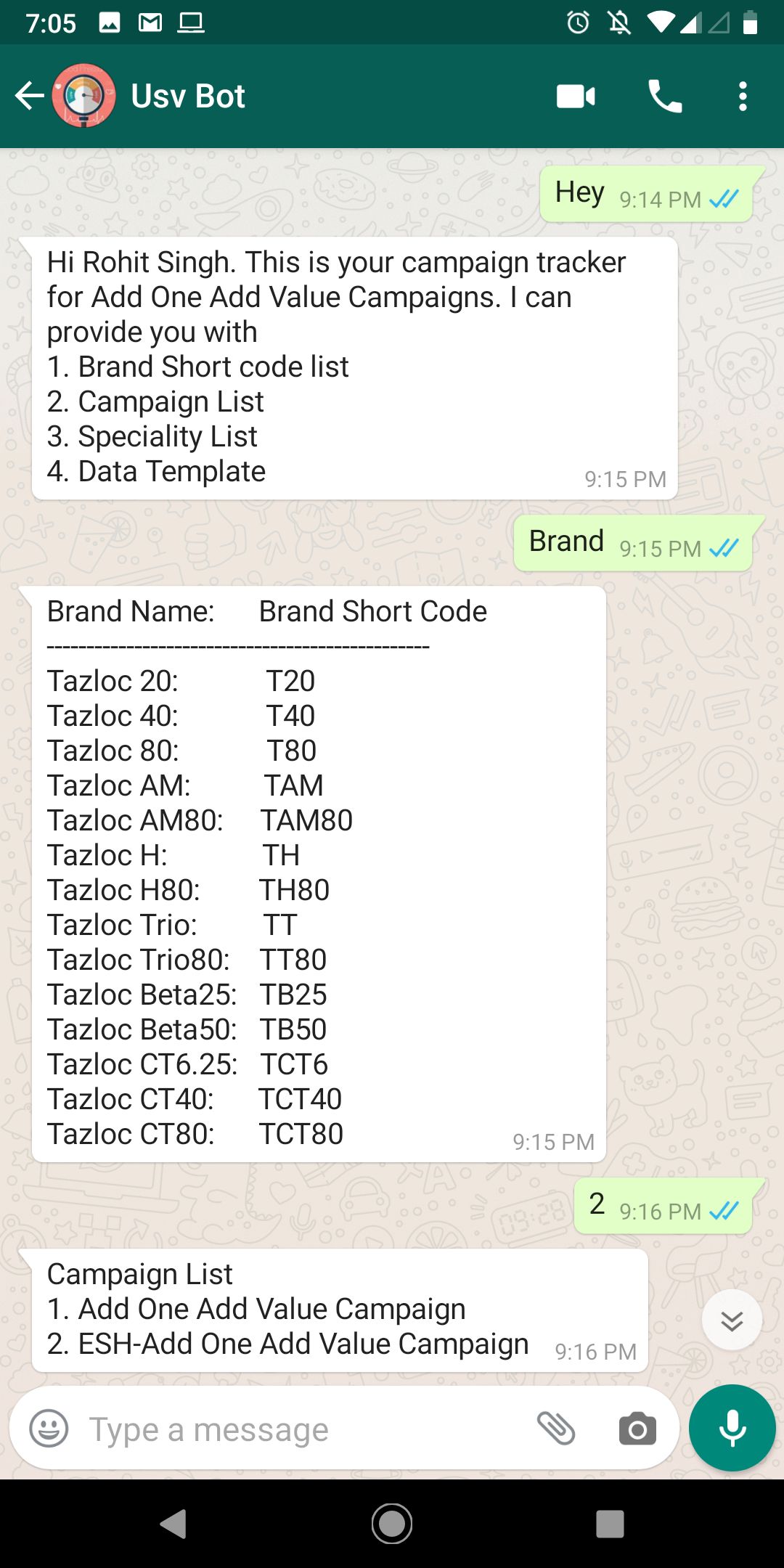 USV WhatsApp field reporting assistant shown across two mobile conversation screens