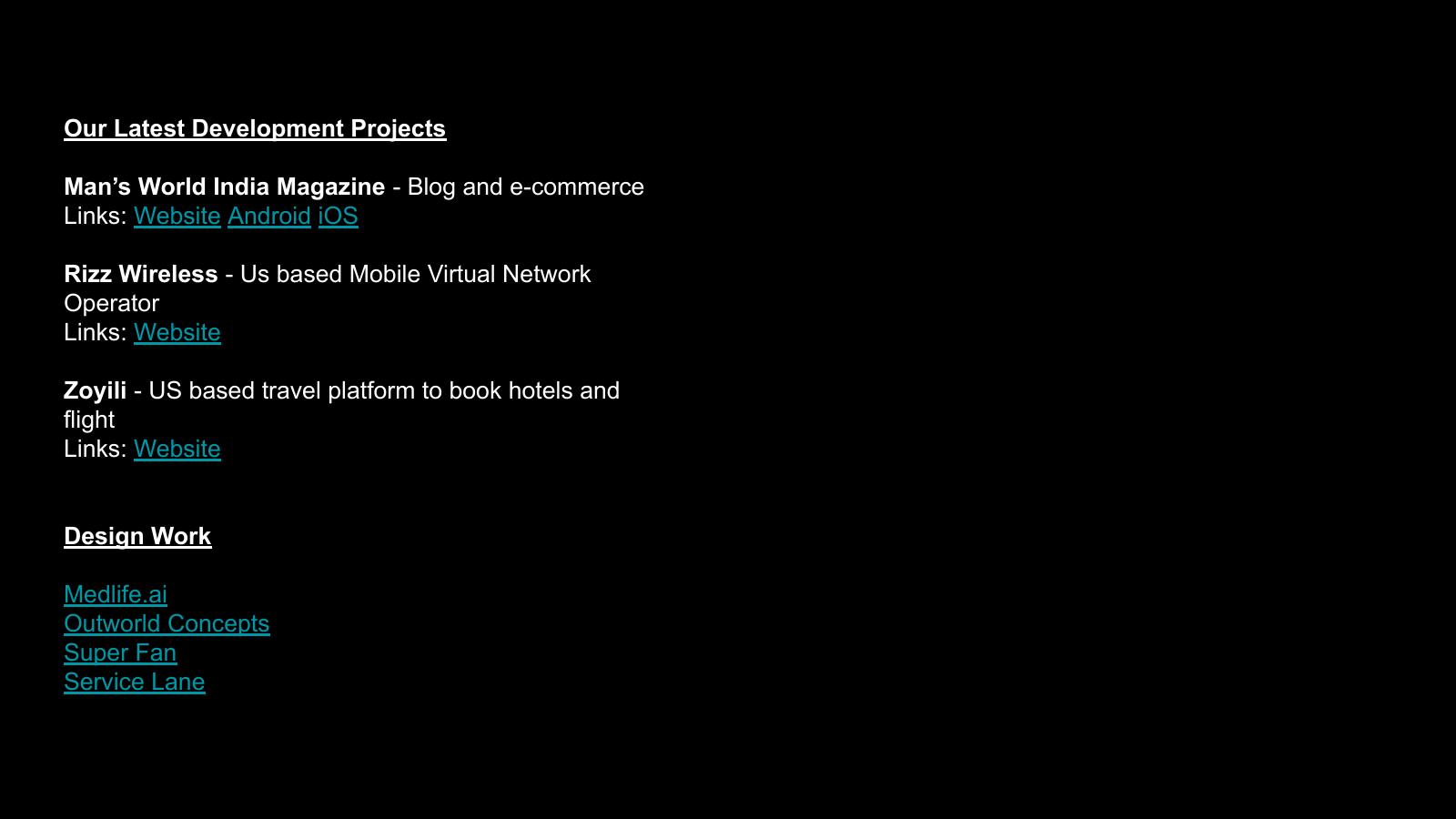 Portfolio page listing Zoyili as a US travel platform for hotel and flight booking